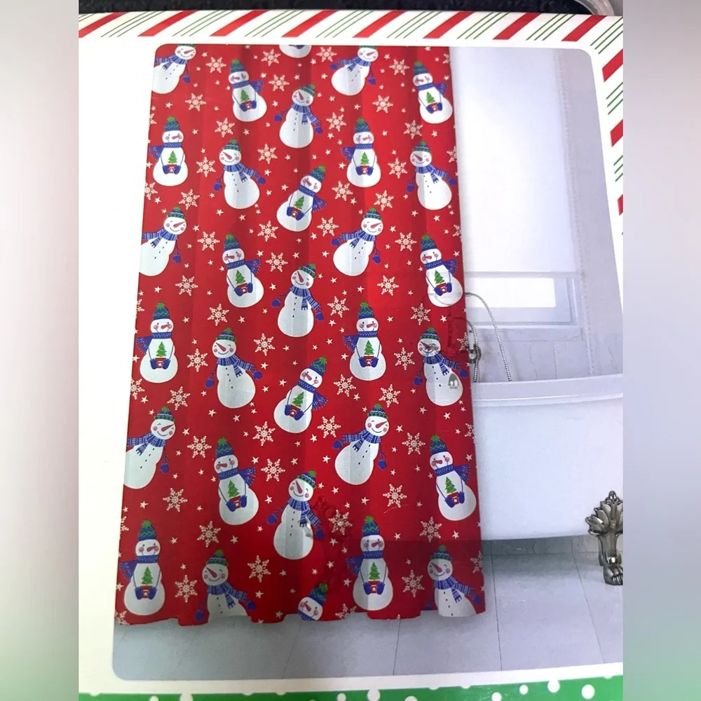 Christmas Shower Curtain PEVA Frosty Snowman Snowflakes Red Blue Green White NWT